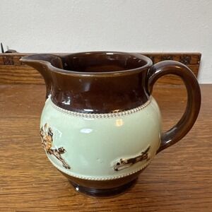Vintage Relief Fox Hunt Pitcher Brown Green Ceramic Jug Creamer Unmarked